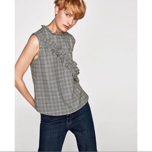 Zara Black and White Checkered Ruffle Blouse